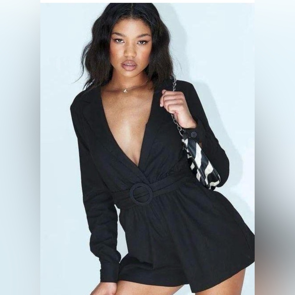 Princess Polly Turin Black Collared LS Belted Romper Size 12 Linen Blend